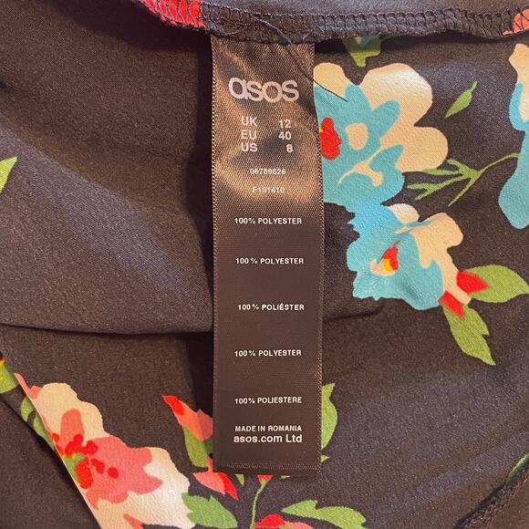 ASOS Floral Surplice Top Womens Size 8 Black Pink Blue Lace Trim Peplum Blouse - Picture 7 of 9